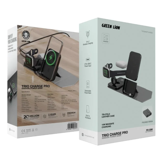 شارژر بی‌سیم و پاوربانک ۵۰۰۰ هزار ۳ در ۱ گرین لاین Trio Charge Pro 5000mAh Power Bank