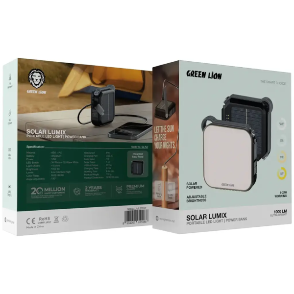 چراغ LED خورشیدی با پاوربانک4000 میلی آمپری لومیکس گرین لاین Solar Lumix Portable LED Light with Power Bank 4000mAh