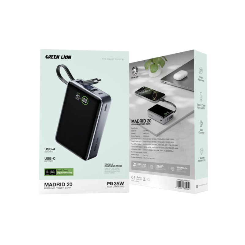 پاور بانک گرین لاین مادرید ۲۰ ظرفیت ۲۰۰۰۰ میلی‌آمپر PD 35W